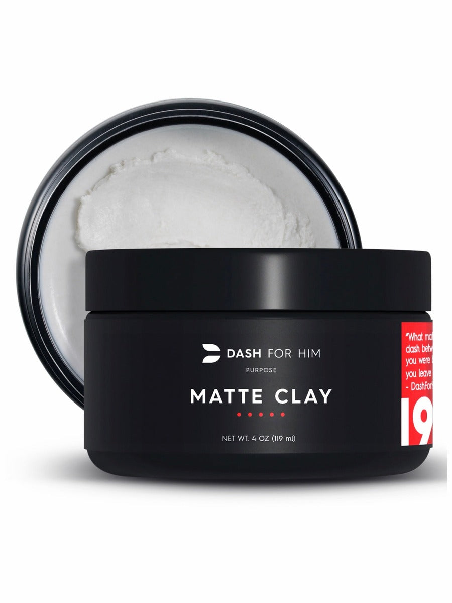 DASH FOR HIM matte clay jar with open lid showing the clay