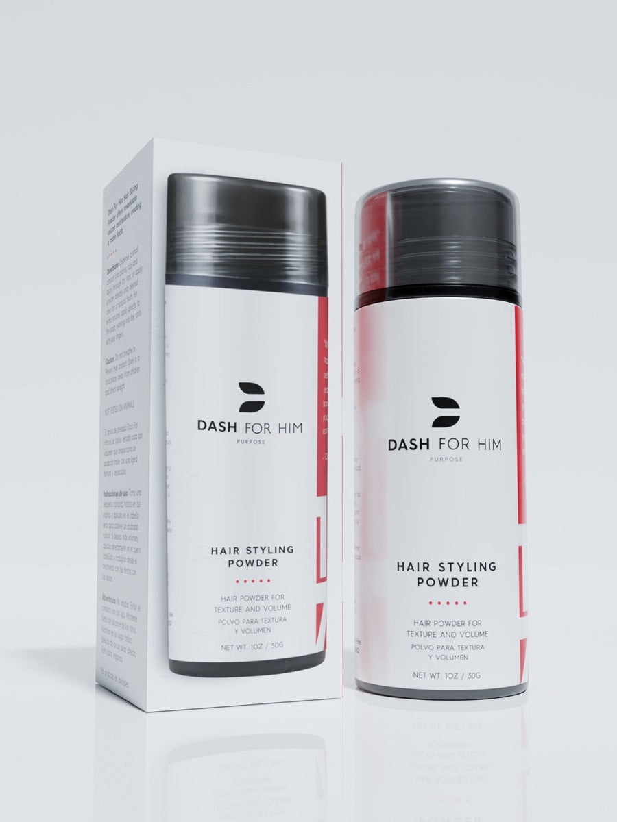 DASH FOR HIM hair styling powder bottle and box