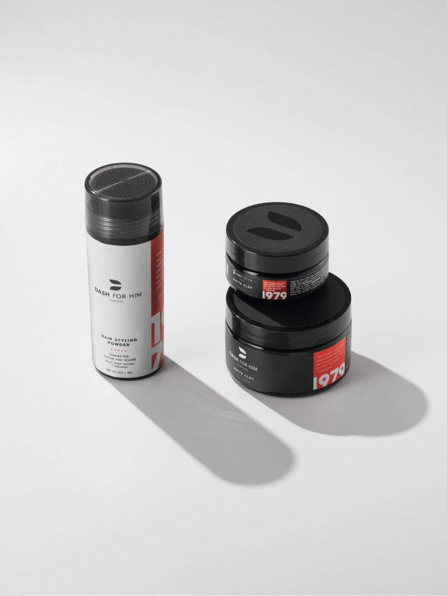 Hair powder vs clay: DASH FOR HIM Hair Styling Powder beside two jars of Matte Clay