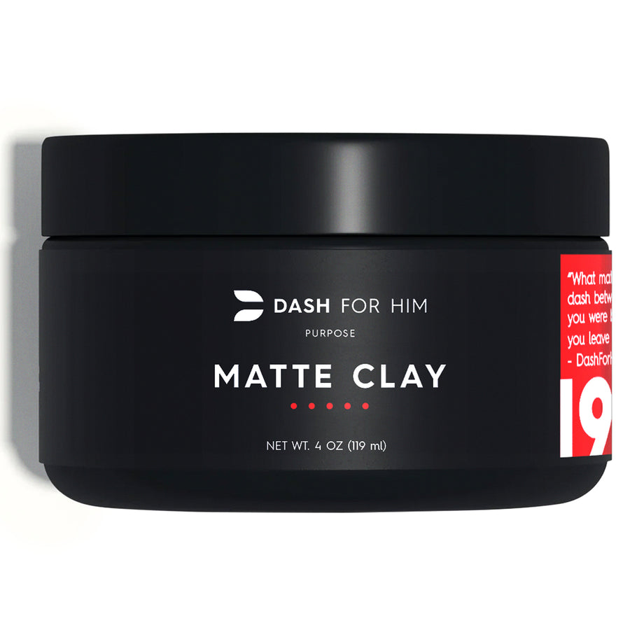 DASH FOR HIM matte hair clay jar, 4 oz, black jar with red stripe