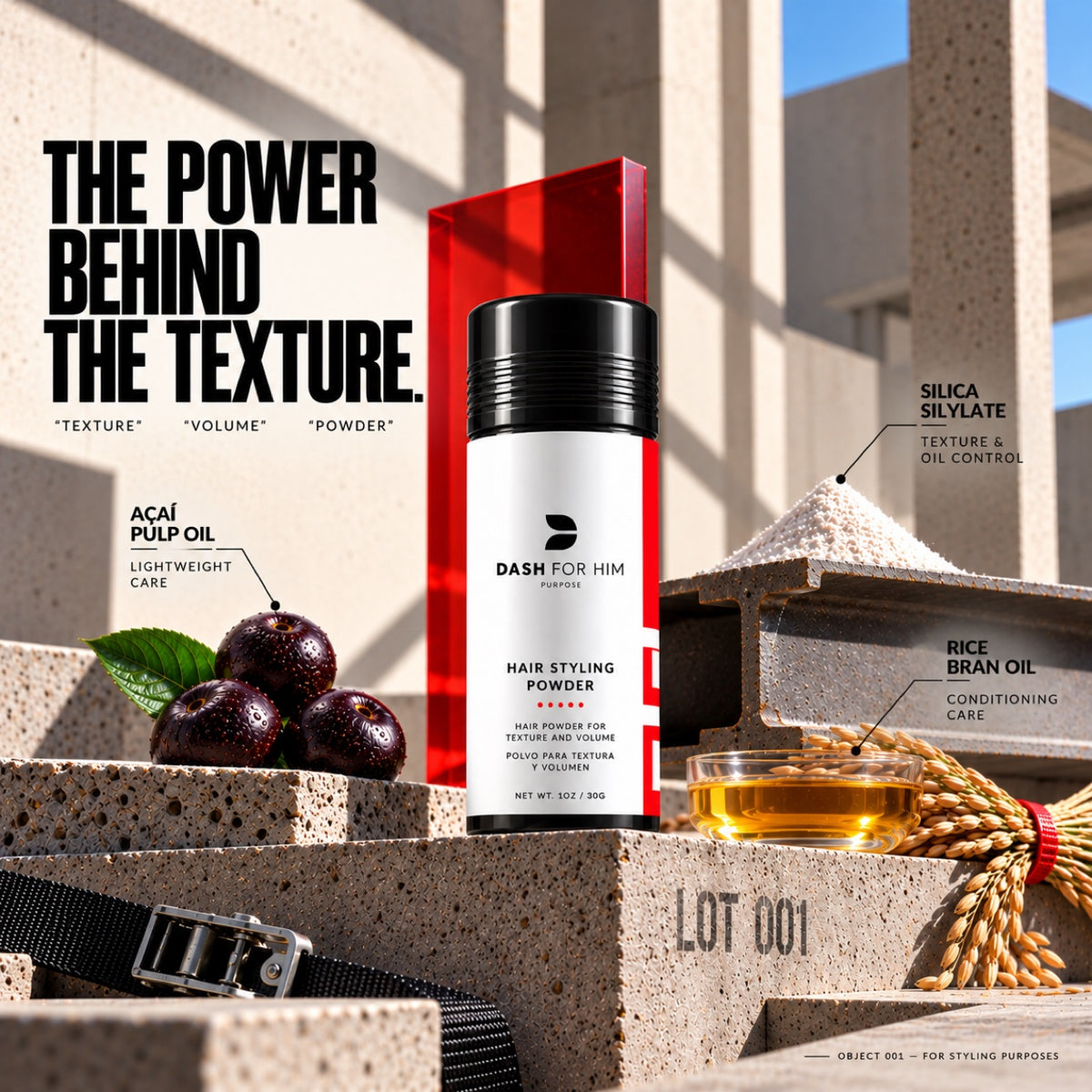 The power behind the texture: acai pulp oil, silica silylate, and rice bran oil in DASH FOR HIM hair styling powder